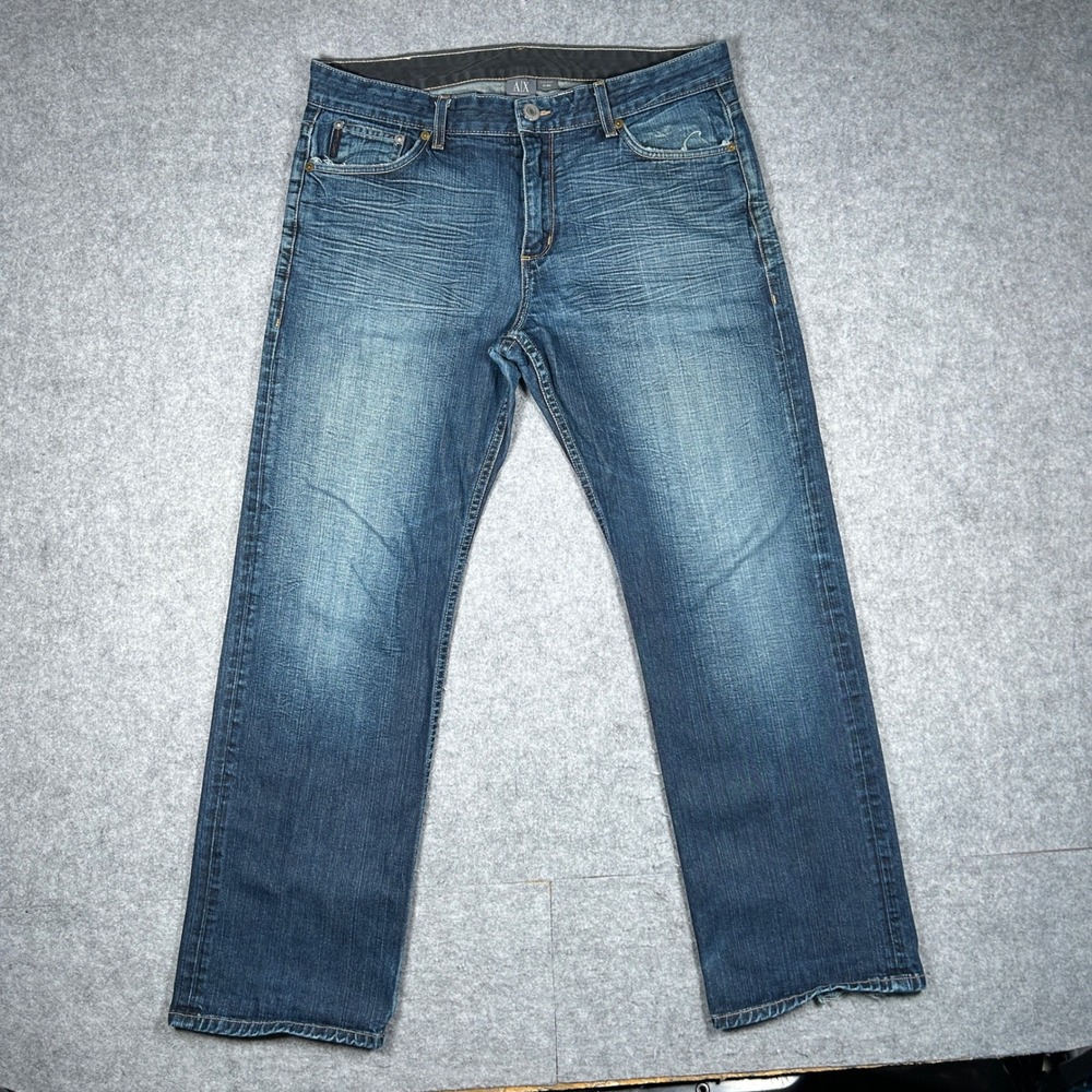 Armani Exchange Denim Jeans Mens 34 Reg Blue Slim Straight Whiskered Fade